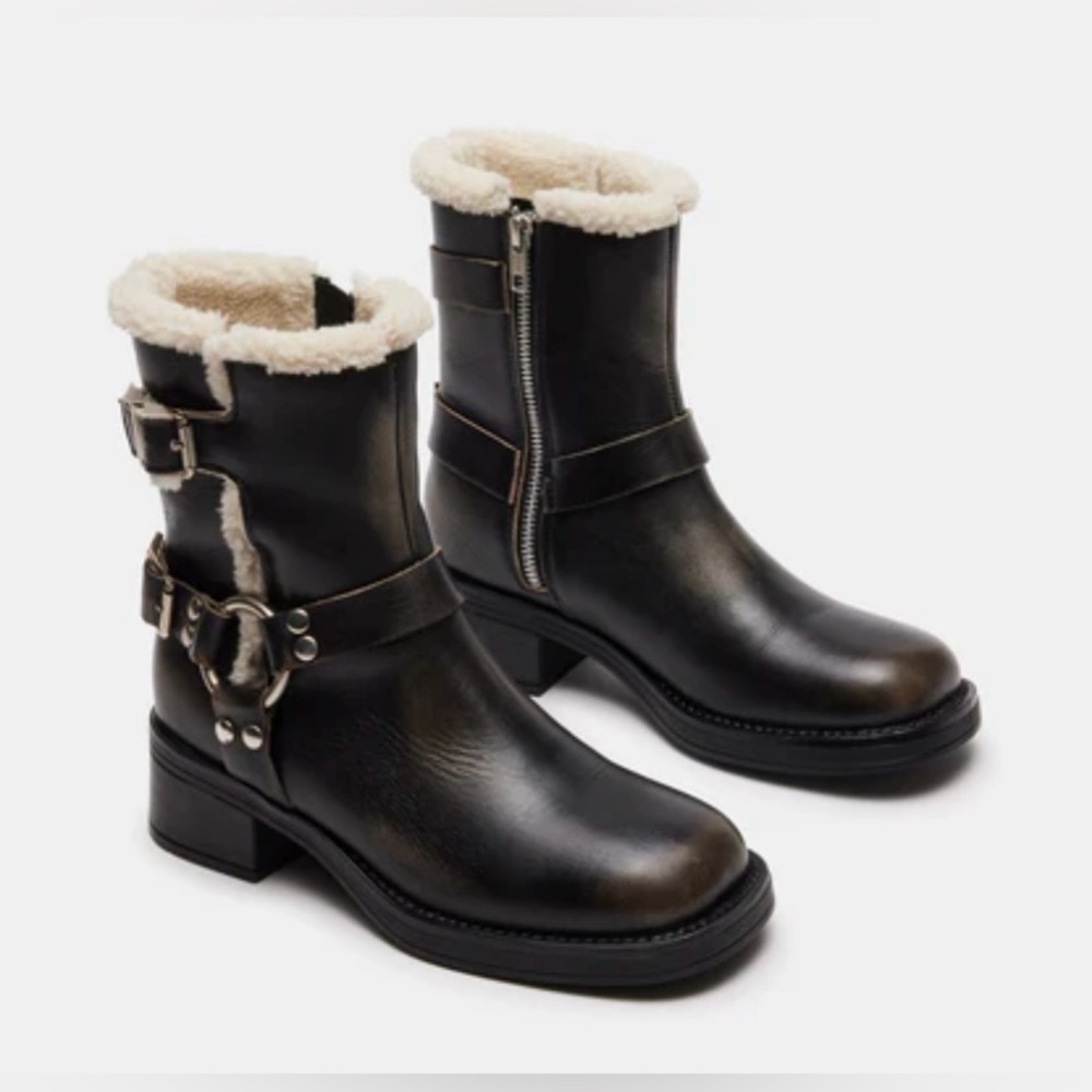 STEVE MADDEN Brixton faux-shearling lined distressed leather moto boots